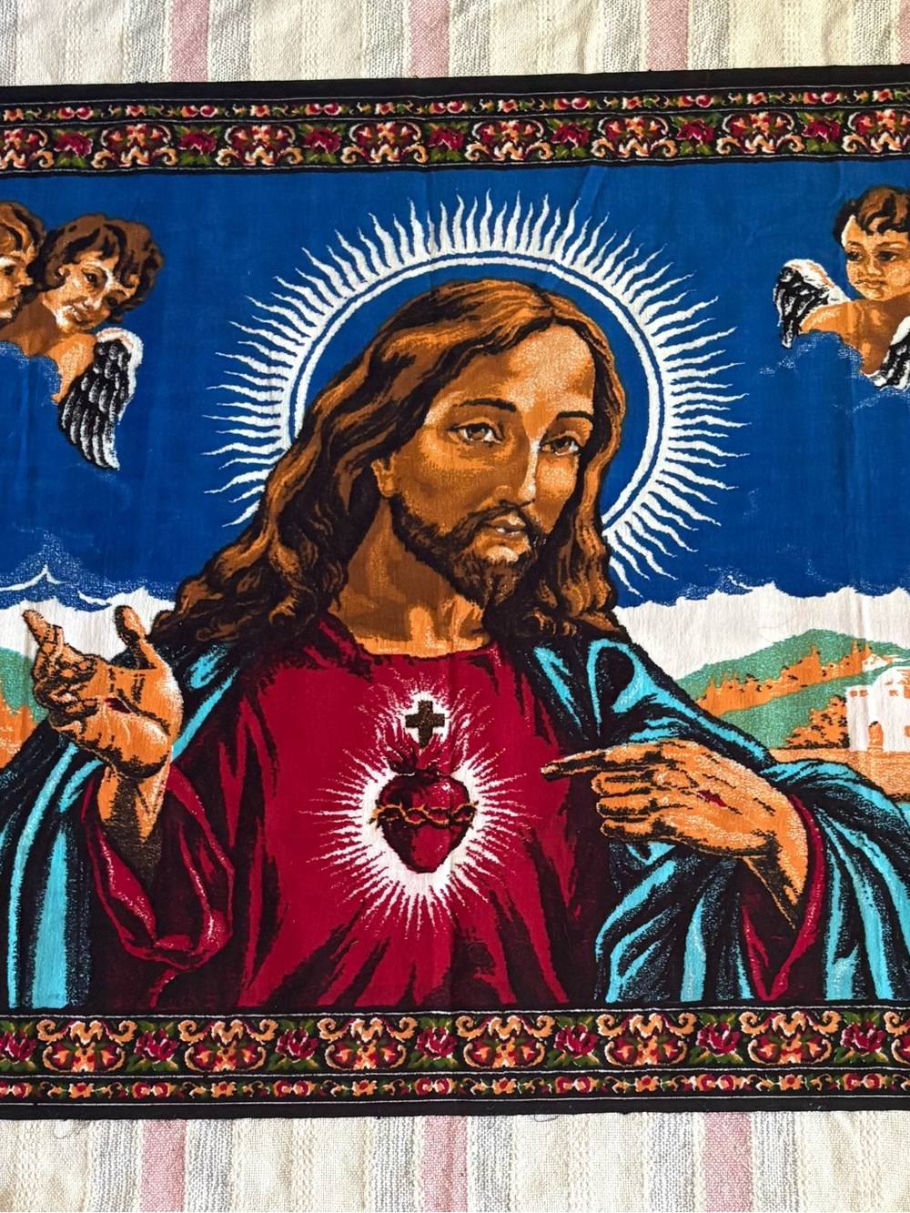 Vintage Jesus Sacred Heart Wall Tapestry 57” x 38” 100% Cotton